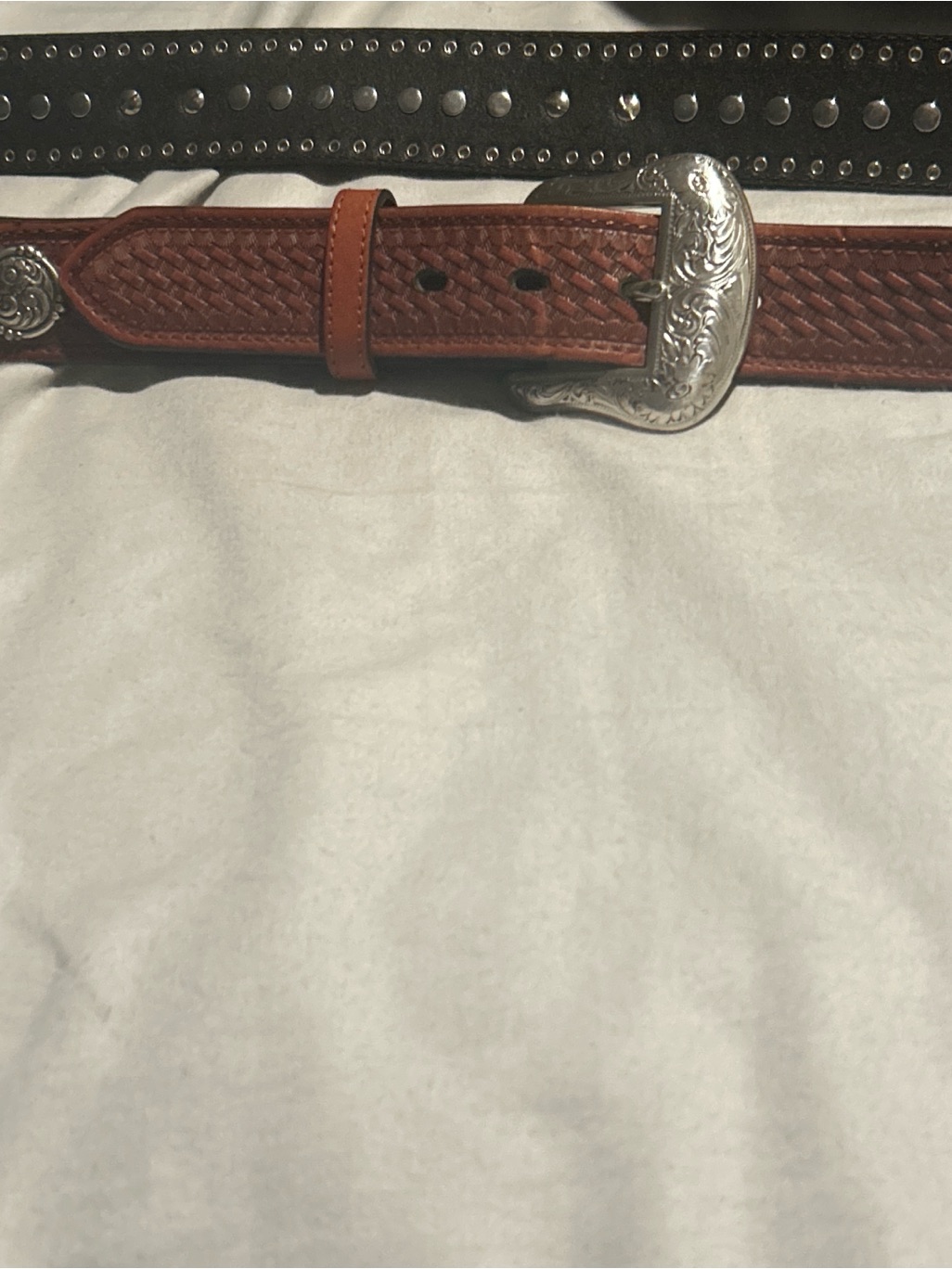 Western-Style Braided Leather Belt With Engraved Silver Buckle - Brown